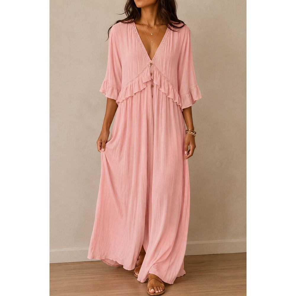 XL 89- Forever 21 NWOT Blush Pink Boho Maxi Dress Lace Ruffle Button Front Flowy